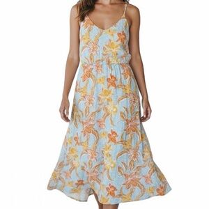 Roxy Blue Floral Midi Sundress XS Beachy Coastal Summer Vacation Dress Surfer